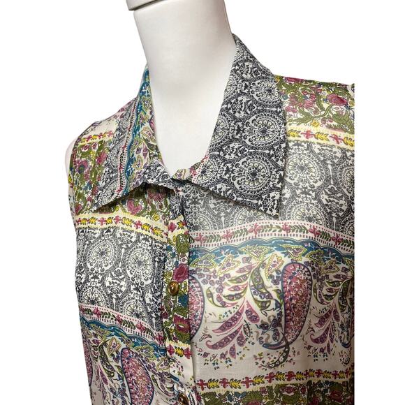 Lavish Button Down Sheer Multi Pattern Sleeveless Blouse Size Medium - Picture 2 of 6